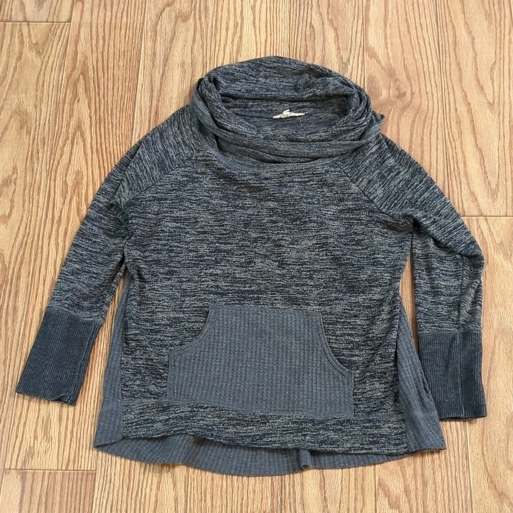 Soft Surroundings Cowlneck Sweater Gray Kangaroo Pocket Waffle Knit Women's L